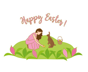 Happy Easter with Girl and Rabbit