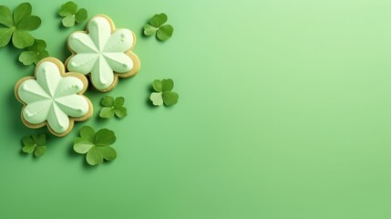  shamrock cookies with white frosting and green leaves on a green background for st patrick's day or st patrick's day.