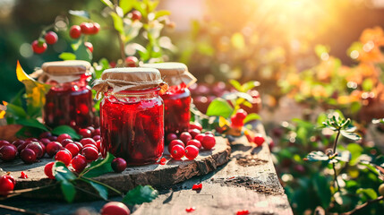 Cranberry jam in a jar. Selective focus. - obrazy, fototapety, plakaty