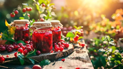 Fotobehang Cranberry jam in a jar. Selective focus. © Яна Ерік Татевосян