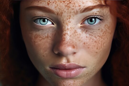 Striking Close-Up Portrait of a Red-Haired Girl with Blue Eyes and Freckles