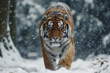 A big tiger walks in the snowy forest