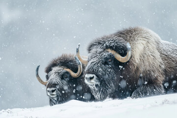 Close-up Arctic musk oxen fighting in winter snow