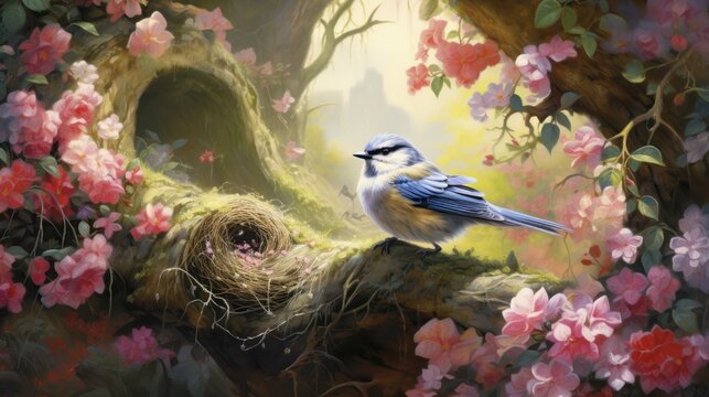  a painting of a bird sitting on a tree branch with a nest in the middle of a flowery area.