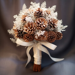 A bunch of pinecones as an interior decor element. Festive dry plant winter bouquet close-up. AI-generated