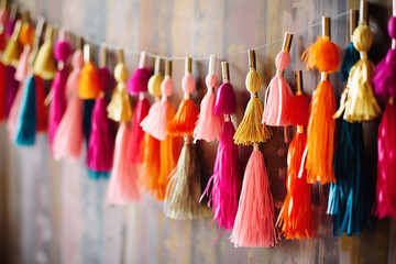 Festive, colorful tassel garland as an interior decor element. Holiday background decorated with paper tassels. Selective focus. AI-generated - obrazy, fototapety, plakaty