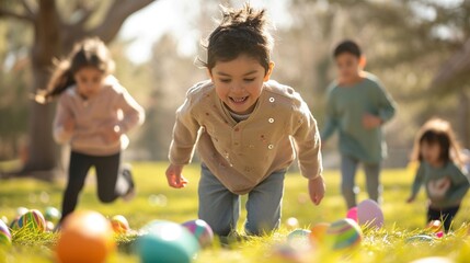 Children participating in an Easter egg roll on a sunlit lawn, the colorful eggs gliding across the grass as the HD camera captures the competitive yet fun-filled moments