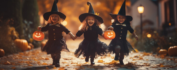 Children in scary halloween costumes with halloween pumpkins. Halloween concept. Halloween backgorund. - obrazy, fototapety, plakaty