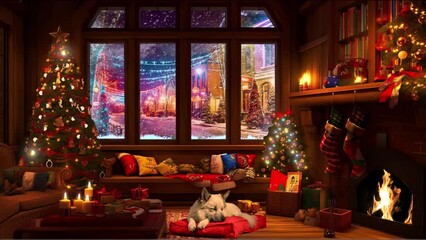 Wooden Cottage with christmas tree decoration. Decorated home interior during Christmas festival with fireplace.