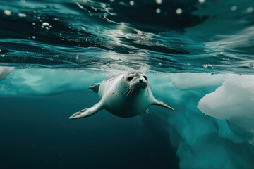 Under water Seal swim beneath the Arctic sea ice - obrazy, fototapety, plakaty