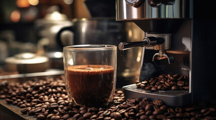 coffee in a transparent glass glass next to the coffee machine and coffee grains