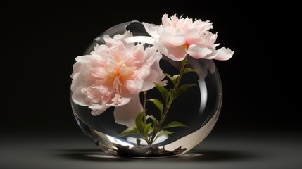  a glass vase filled with pink flowers on top of a black table next to a white vase with a pink flower in it.