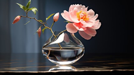  a glass vase filled with water and a pink flower sitting on top of a table next to a glass vase filled with water and a pink flower.