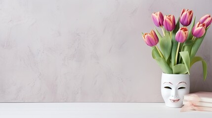 Greeting card. A vase in the shape of mask with tulips. Space for text.