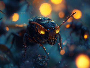 Macro image of an insect in dramatic Sci-Fi light, Dark fantasy insect. Generative Ai illustration