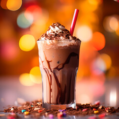 Extra large sweet American chocolate milk shake with cream and toppings like sprinkles, crumbles, streusel and straw on blur background with lights
