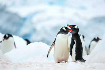 Two penguins standing together and a flock of penguins in the background and an iceberg