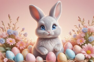 Fototapeta premium Sweet Easter cartoon rabbit with pastel eggs and field flowers.