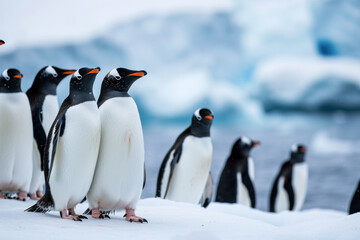Obraz premium Two penguins standing together and a flock of penguins in the background and an iceberg