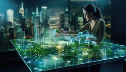 Human interaction of advanced technology based on AI hologram with greenery city concept, eco-friendly city with hologram network light bulb screen icons for energy source renewable.