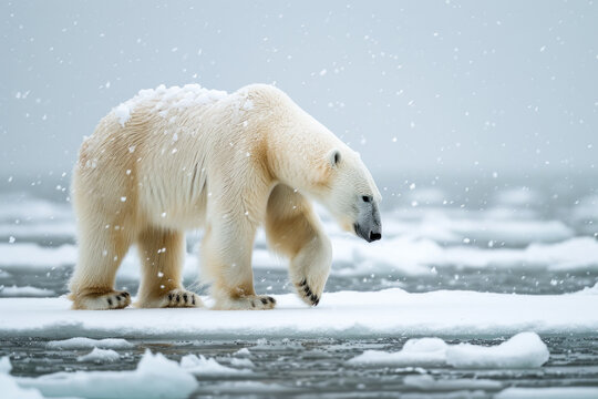 Polar bear walks on ice during sunrise