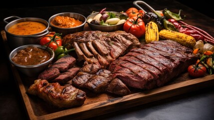  a platter of meat, vegetables, and condiments sits on a wooden cutting board on a table. - obrazy, fototapety, plakaty