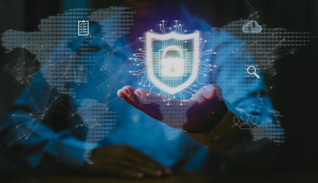 Cybersecurity and information technology security services concept. Businessman with protective gesture Lock icon to protect the security.AI