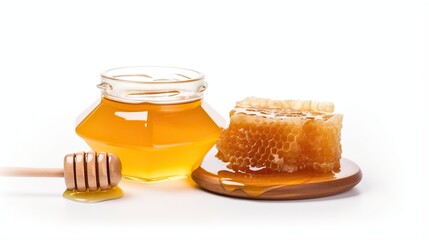 Honey. Jar full of fresh honey and honeycomb. High quality image.white background