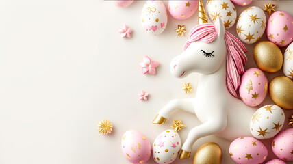 Fun unicorn figurine and Easter eggs with gold pattern on white background. Top view, space for text.