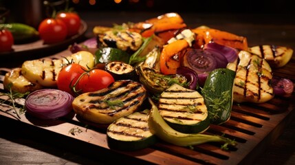  a wooden cutting board topped with lots of grilled veggies and veggies on top of it.