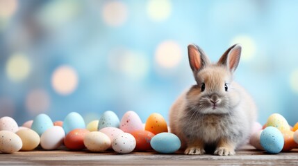  a rabbit sitting in front of a group of colored eggs on a wooden table with boke of blurry boke boke boke boke boke boke boke boke boke bokes in the background. - obrazy, fototapety, plakaty