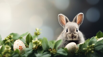  a close up of a bunny in a bush with an egg in it's mouth and a blurry background.