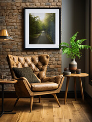 Fashionable leather chair against a stone wall. Interior design of a modern living room.