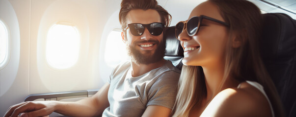 Happy young couple sitting in the airplane, flying to their vacation by plane.  Active lifestyle...
