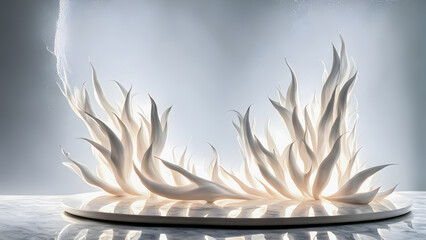 white marble pedestal surface reflects sparkling white water and a blank background with flames and mist as the placement scene. abstract background empty backdrop of scintillating.