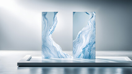 white marble pedestal surface reflects sparkling white water and a blank background with flames and mist as the placement scene. abstract background empty backdrop of scintillating.