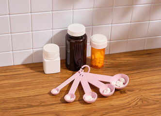 Fototapeta na wymiar Pink medicine spoons and pills. Biologically active additives and treatment.