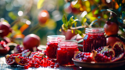 Pomegranate jam in a jar. Selective focus. - obrazy, fototapety, plakaty