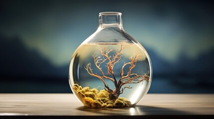  a bonsai tree in a glass vase filled with water and moss on a wooden table with a blurry background.
