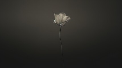 a black and white photo of a flower with a long stem in the middle of the photo, on a dark background.