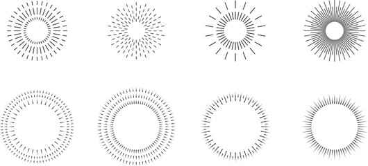 Vintage sunburst set. Bursting rays sunrise firework starburst blast, Radiant Spark. Rays. Geometric Design Elements. Retro radiant sunburst, starburst hand drawn label, sun rays. Vector