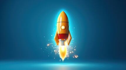  a red and yellow rocket ship flying through the air with a bright light coming out of it's side.