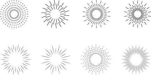 Vintage sunburst set. Bursting rays sunrise firework starburst blast, Radiant Spark. Rays. Geometric Design Elements. Retro radiant sunburst, starburst hand drawn label, sun rays. Vector