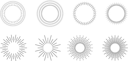 Vintage sunburst set. Bursting rays sunrise firework starburst blast, Radiant Spark. Rays. Geometric Design Elements. Retro radiant sunburst, starburst hand drawn label, sun rays. Vector