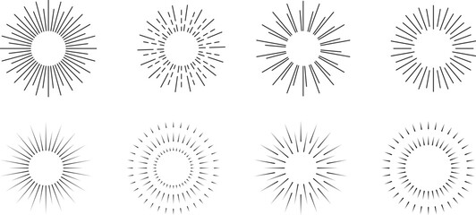 Vintage sunburst set. Bursting rays sunrise firework starburst blast, Radiant Spark. Rays. Geometric Design Elements. Retro radiant sunburst, starburst hand drawn label, sun rays. Vector