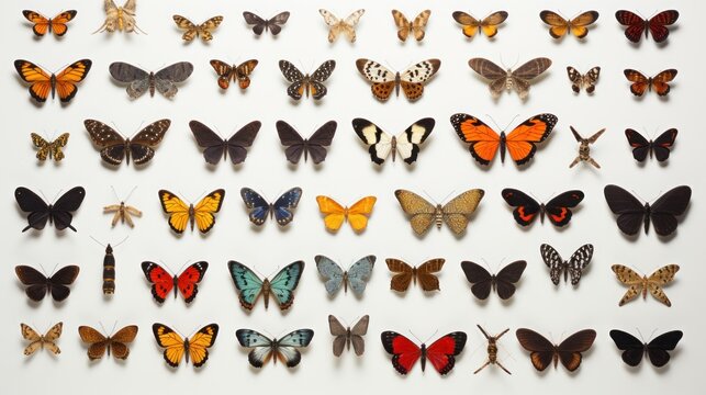  a large group of butterflies sitting on top of a white wall next to a wall mounted with multiple colors of butterflies.
