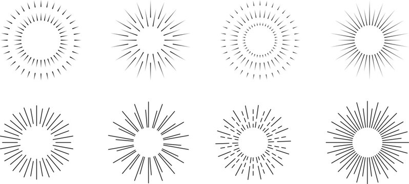 Vintage sunburst set. Bursting rays sunrise firework starburst blast, Radiant Spark. Rays. Geometric Design Elements. Retro radiant sunburst, starburst hand drawn label, sun rays. Vector