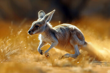  A kangaroo mid-jump over a vast desert dune
