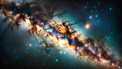 A panoramic image of the Milky Way galaxy, showcasing a magnificent view of stars and space dust in the universe. 