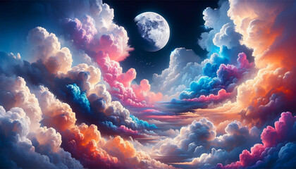 A background image featuring fluffy clouds with beautiful, vivid colors, and a prominently displayed moon. 